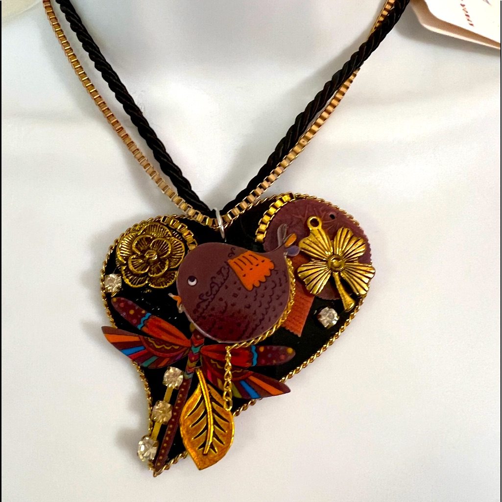 Gorgeous Heart Necklace Embellished With Brown Bird And Multi Colored Dragonfly